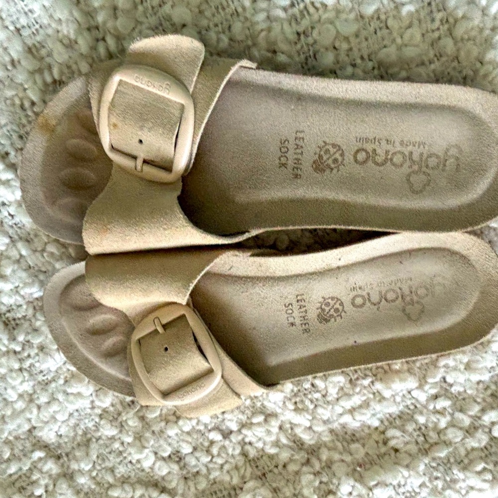 Birkenstock-style cream suede footbed slides